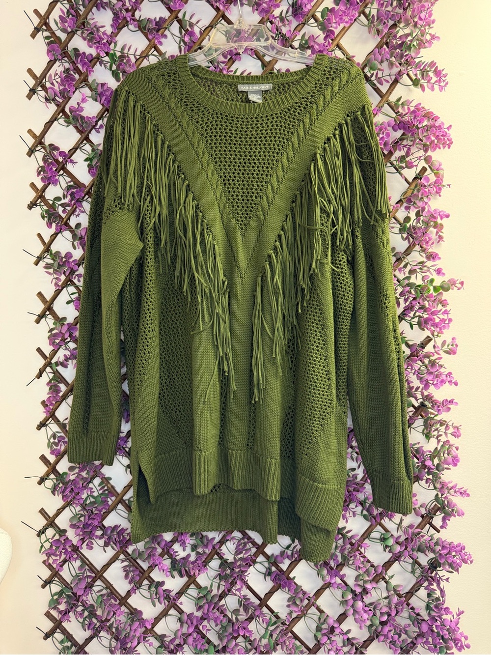 Kate & Mallory Olive Green Fringe Knit Sweater